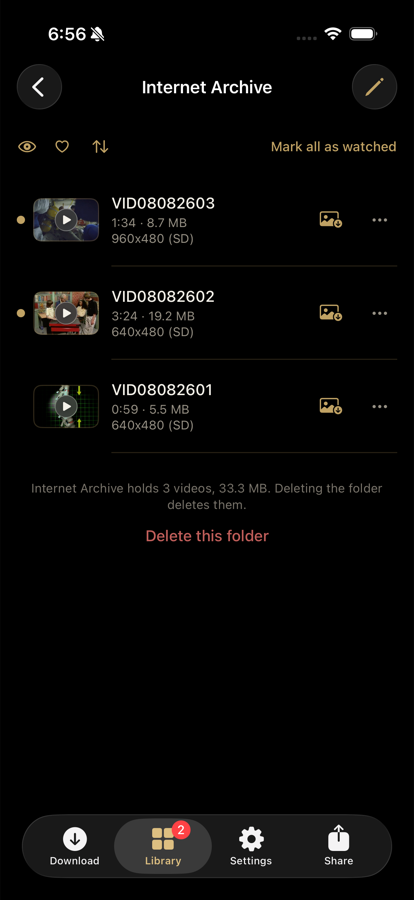 Inside a folder, showing a saved video with its length, size and resolution