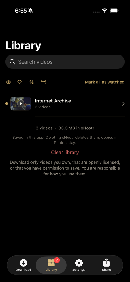 The xNostr library, showing videos grouped into a folder named after the site they came from