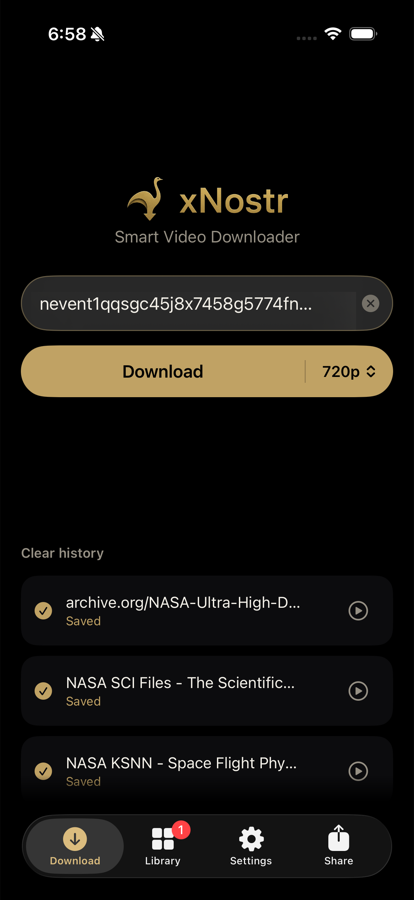 The xNostr download screen with a Nostr note ID pasted into the field